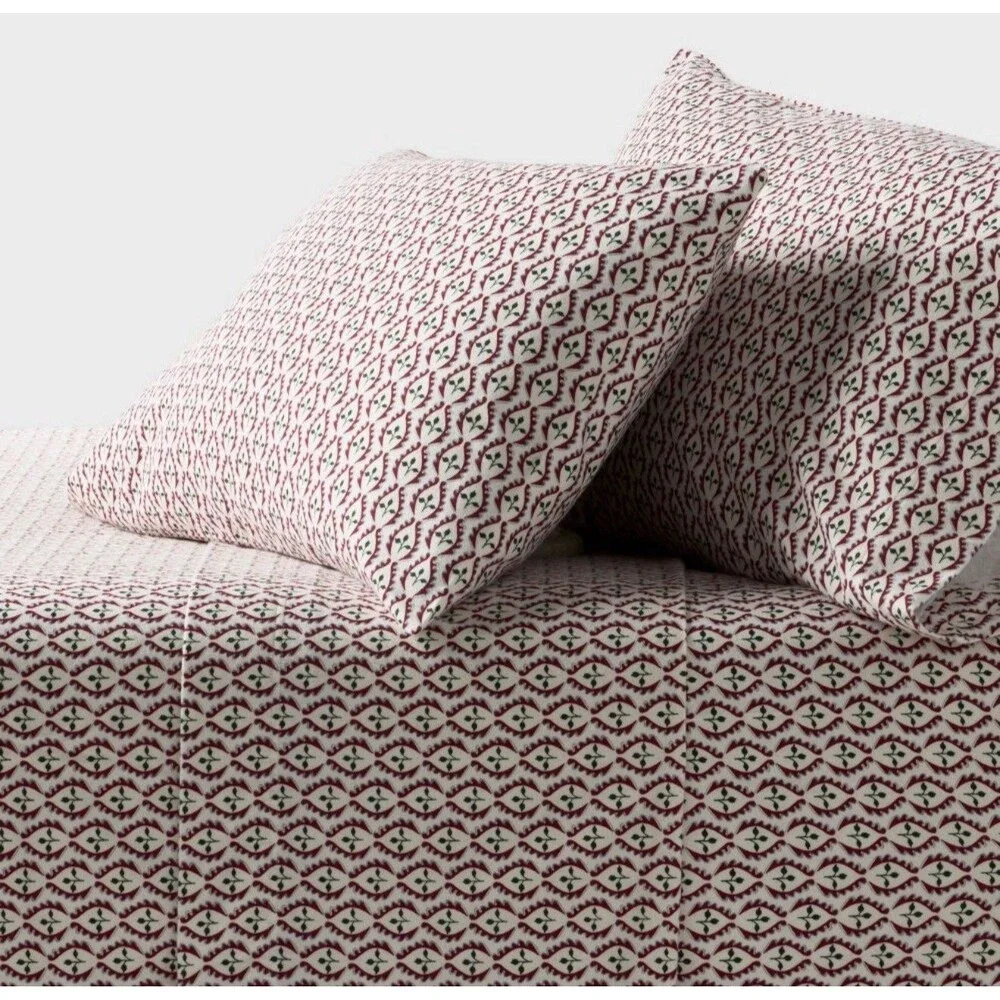 Threshold Queen Ultra Soft Flannel Sheet Set Woodblock Leaf NEW Hard To Find